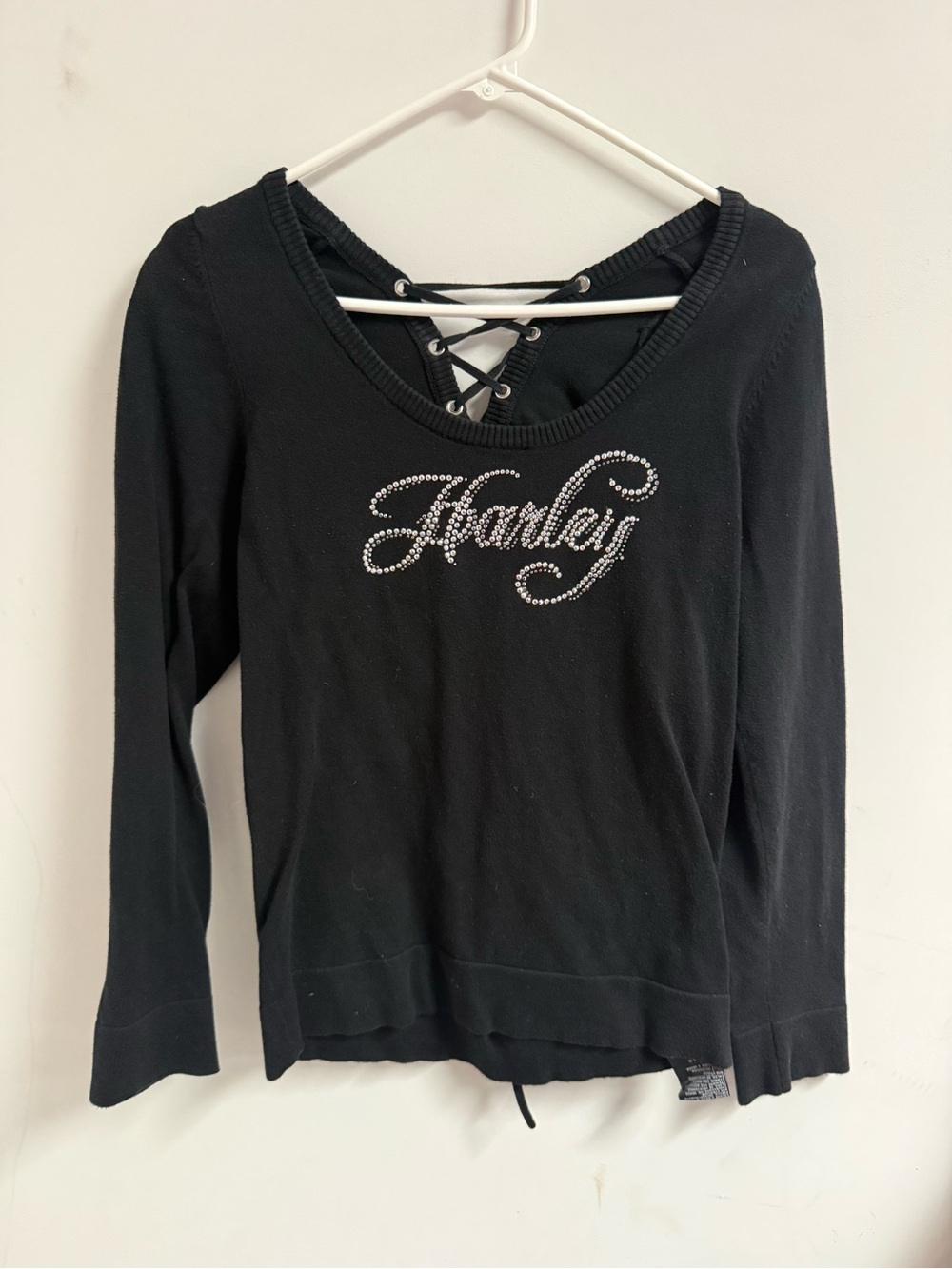 Black Harley Davidson Long-Sleeve Scoop Neck Top with Rhinestone